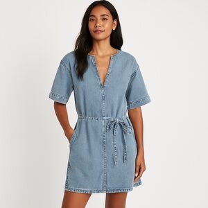 FRAME Breezy Denim Mini Dress Light Wash Short Sleeve Tie Waist Size Small